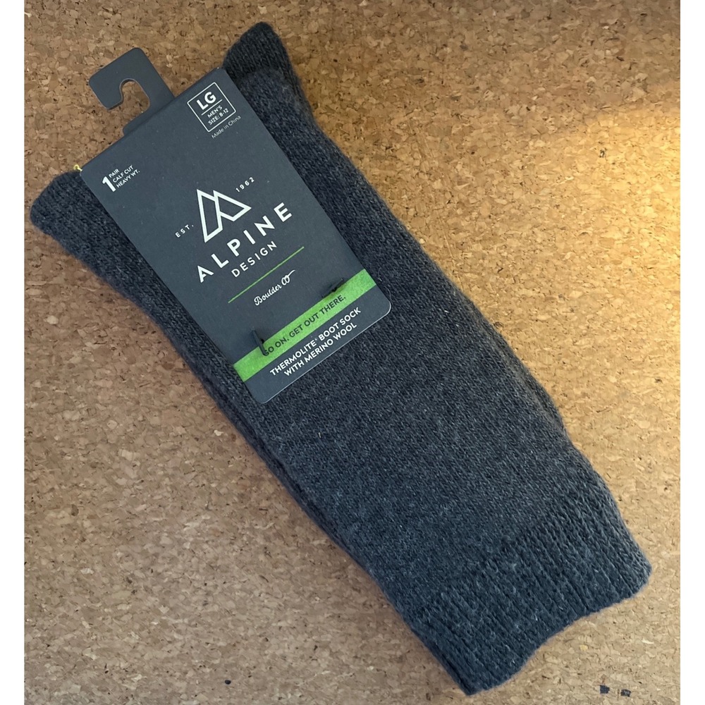 Alpine Design Mens Thermolite Merino Wool Blend Boot‎ Socks Grey Large 8-12 NEW